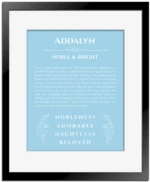 Addalyn personalized wall art with the story of your name in light blue with black matte frame