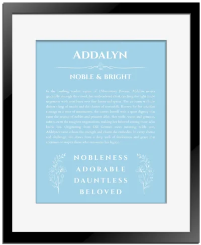 Addalyn personalized wall art with the story of your name in light blue with black matte frame