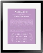 Addalynn personalized name meaning print in light purple with black matte frame