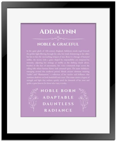 Addalynn personalized name meaning print in light purple with black matte frame