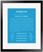 Addelyn personalized name meaning print in blue with black matte frame