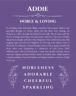 Addie name origin print with meaning and traits in purple