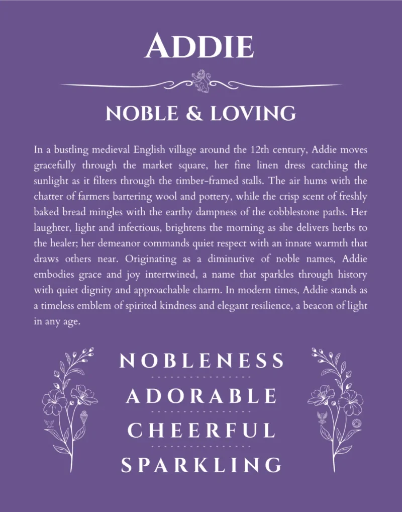 Addie name origin print with meaning and traits in purple
