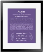 Addie name origin print with meaning and traits in purple with black matte frame