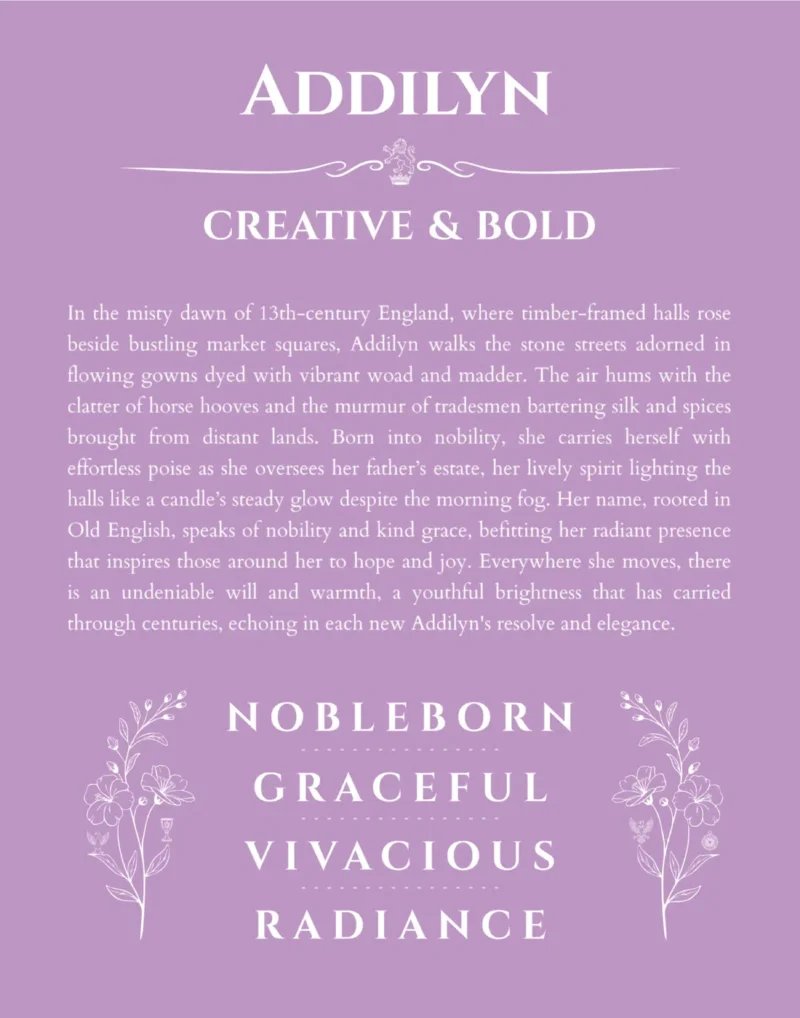 Addilyn personalized name print with origin and traits in light purple