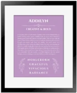 Addilyn personalized name print with origin and traits in light purple with black matte frame