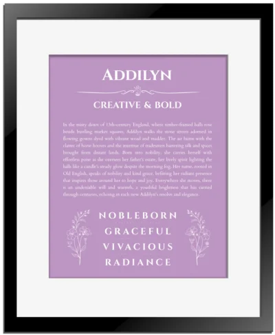 Addilyn personalized name print with origin and traits in light purple with black matte frame