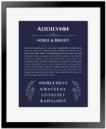 Addilynn name meaning gift print in navy blue with black matte frame