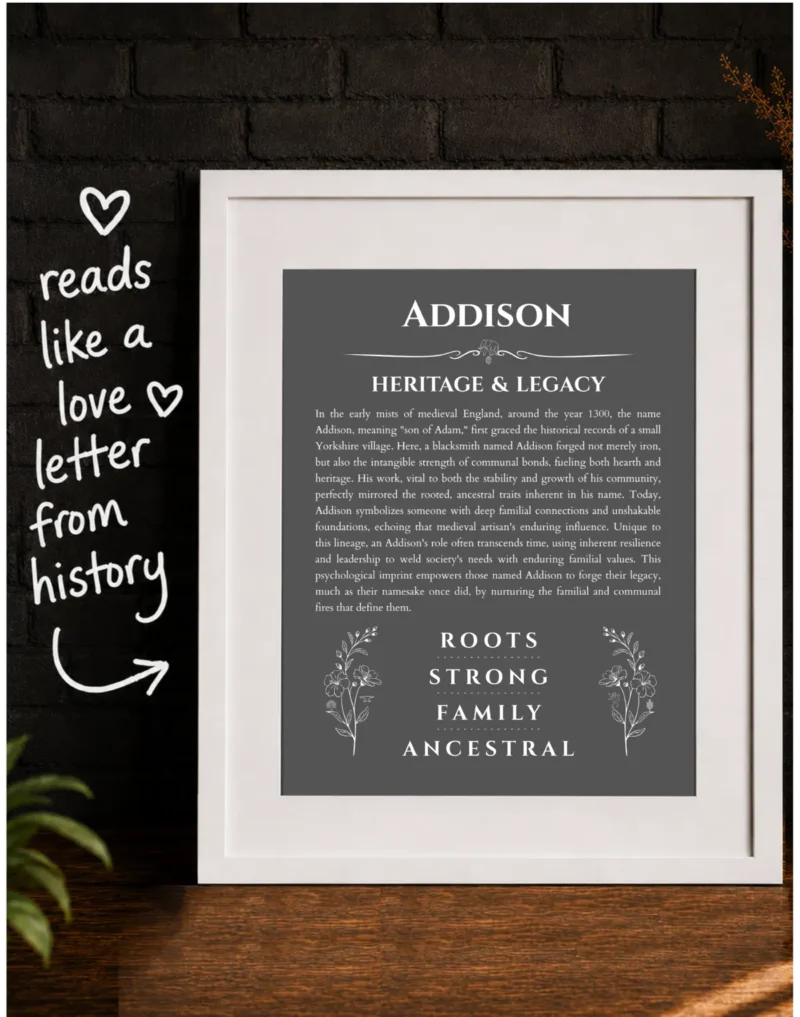 Addison name origin print with meaning and traits presented as a meaningful gift