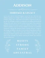 Addison name origin print with meaning and traits in light blue