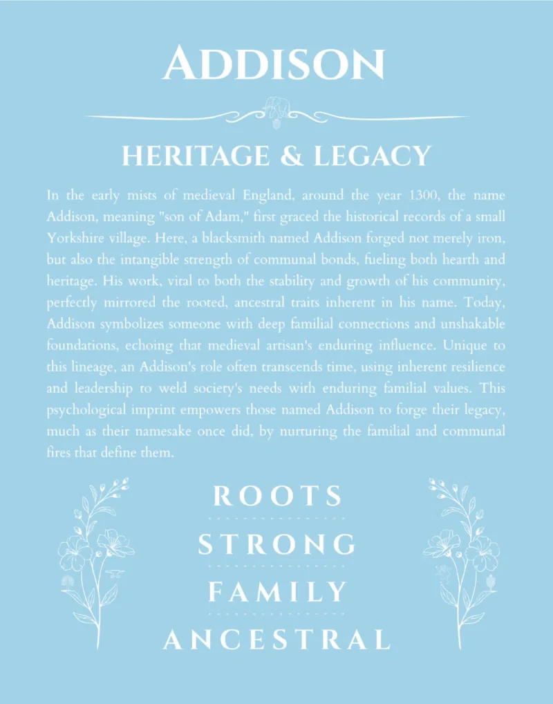 Addison name origin print with meaning and traits in light blue
