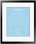 Addison name origin print with meaning and traits in light blue with black matte frame