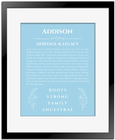 Addison name origin print with meaning and traits in light blue with black matte frame