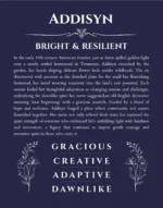 Addisyn name origin print with meaning and traits in navy blue