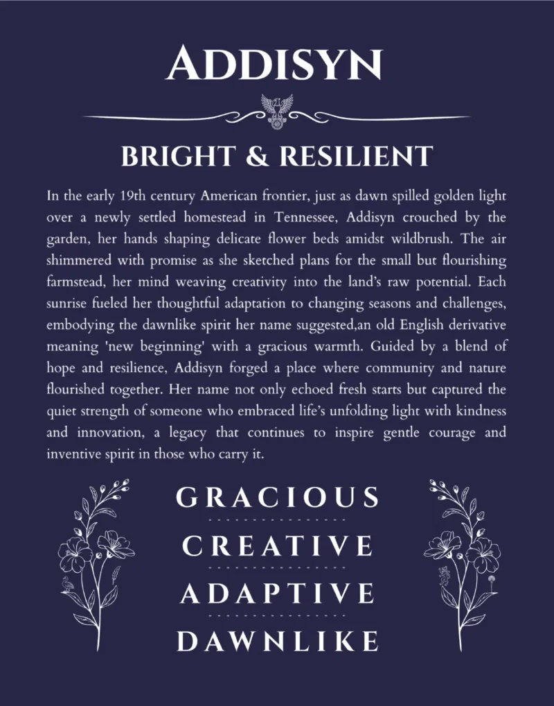Addisyn name origin print with meaning and traits in navy blue