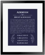 Addisyn name origin print with meaning and traits in navy blue with black matte frame