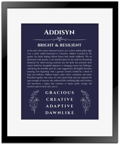 Addisyn name origin print with meaning and traits in navy blue with black matte frame