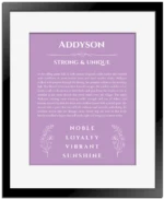 Addyson name meaning wall art by Get Your Story in light purple with black matte frame