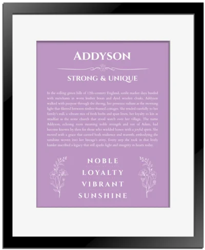 Addyson name meaning wall art by Get Your Story in light purple with black matte frame