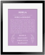 Adela name meaning wall art by Get Your Story in light purple with black matte frame