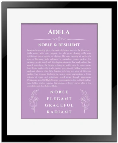 Adela name meaning wall art by Get Your Story in light purple with black matte frame