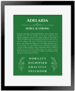 Adelaida personalized wall art with the story of your name in dark green with black matte frame