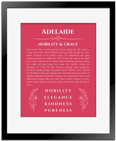 Adelaide custom name art showing meaning and origin in red with black matte frame