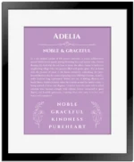 Adelia name meaning wall art by Get Your Story in light purple with black matte frame