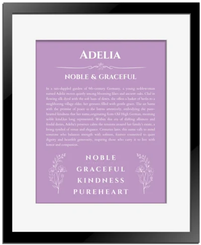 Adelia name meaning wall art by Get Your Story in light purple with black matte frame