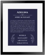 Adelina custom name meaning print in navy blue with black matte frame