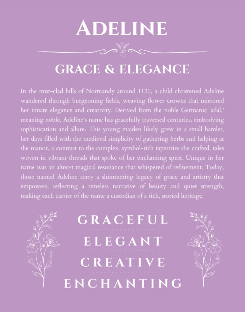Adeline custom name art showing meaning and origin in light purple