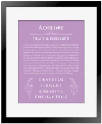Adeline custom name art showing meaning and origin in light purple with black matte frame