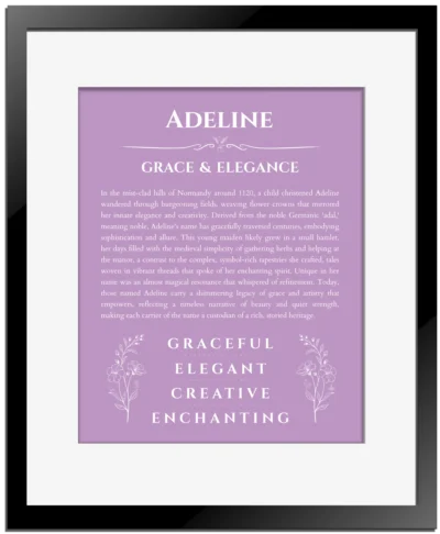 Adeline custom name art showing meaning and origin in light purple with black matte frame