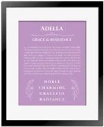 Adella custom name meaning print in light purple with black matte frame