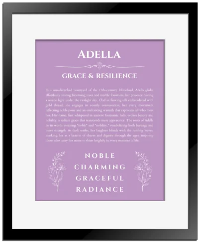 Adella custom name meaning print in light purple with black matte frame