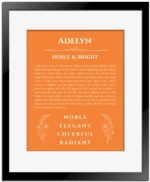 Adelyn personalized name meaning print in orange with black matte frame