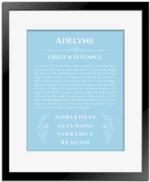 Adelyne name meaning wall art by Get Your Story in light blue with black matte frame