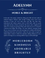 Adelynn personalized name print with origin and traits in deep blue