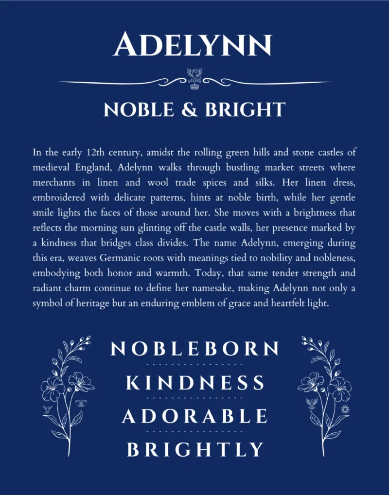 Adelynn personalized name print with origin and traits in deep blue