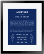 Adelynn personalized name print with origin and traits in deep blue with black matte frame