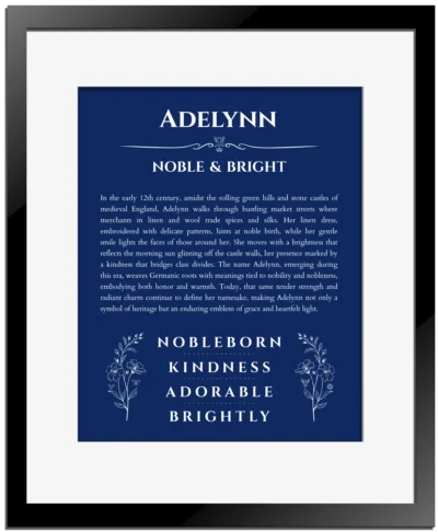 Adelynn personalized name print with origin and traits in deep blue with black matte frame