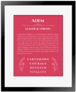 Adem custom name meaning print in red with black matte frame