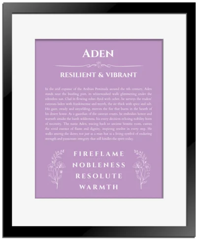 Aden name meaning gift print in light purple with black matte frame