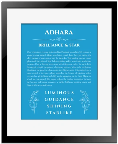 Adhara personalized wall art with the story of your name in blue with black matte frame