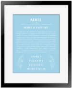 Adiel personalized wall art with the story of your name in light blue with black matte frame
