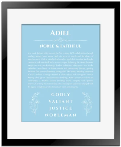 Adiel personalized wall art with the story of your name in light blue with black matte frame