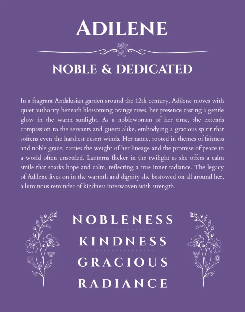 Adilene personalized name print with origin and traits in purple