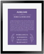Adilene personalized name print with origin and traits in purple with black matte frame