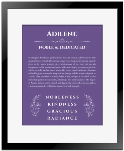 Adilene personalized name print with origin and traits in purple with black matte frame