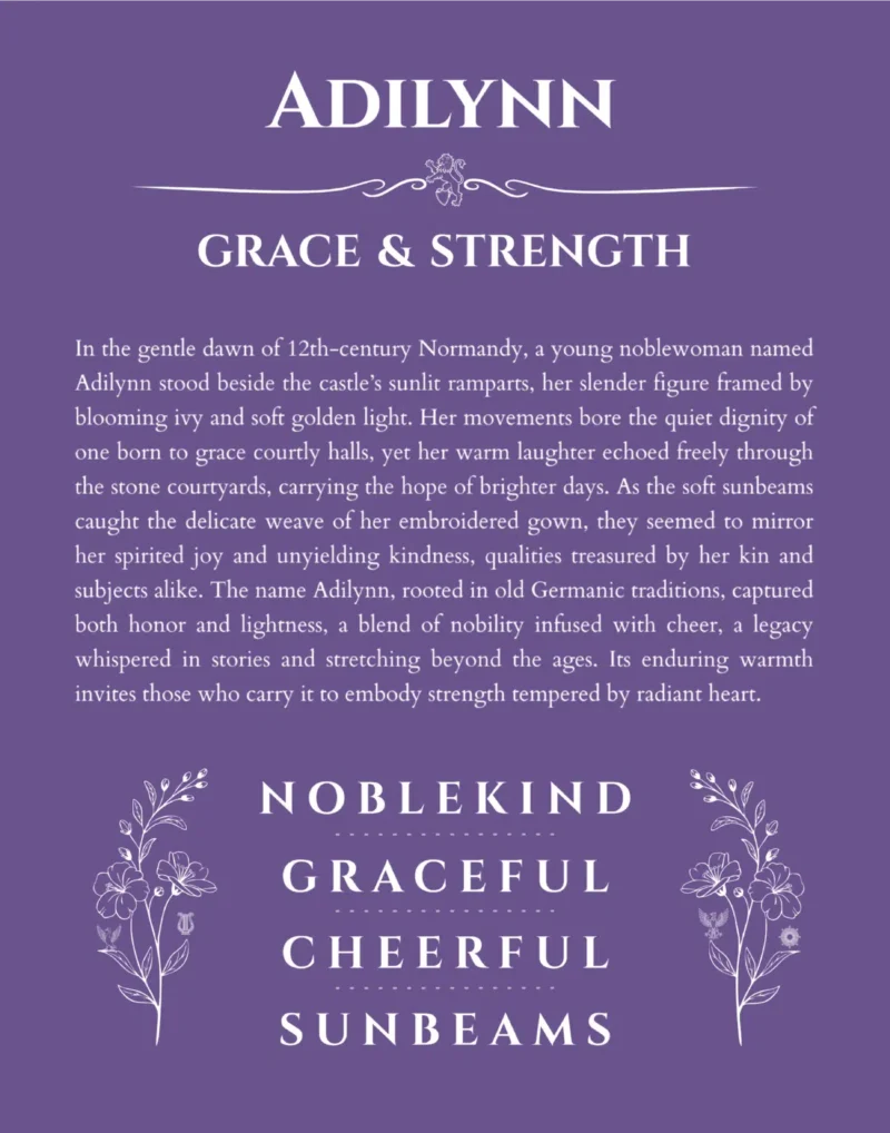 Adilynn personalized name art with origin story in purple